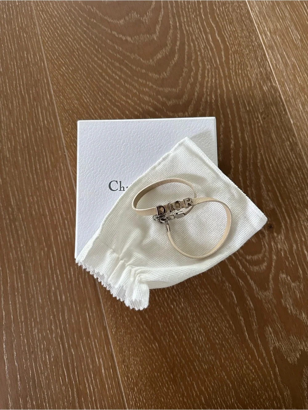 Dior Beige Leather Double Wrap Bracelet / Choker with Silver Logo